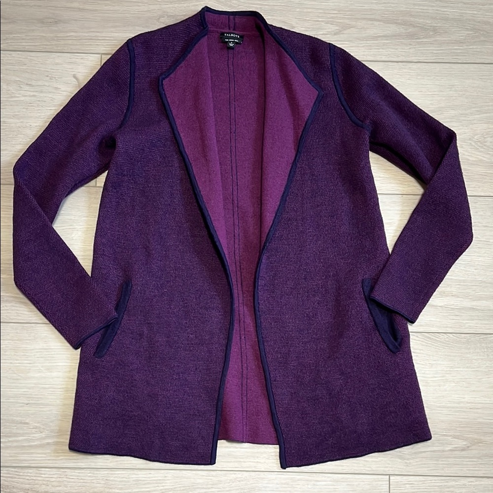 Talbots Pure Merino Wool Purple Open Front Cardigan Sweater Size Small